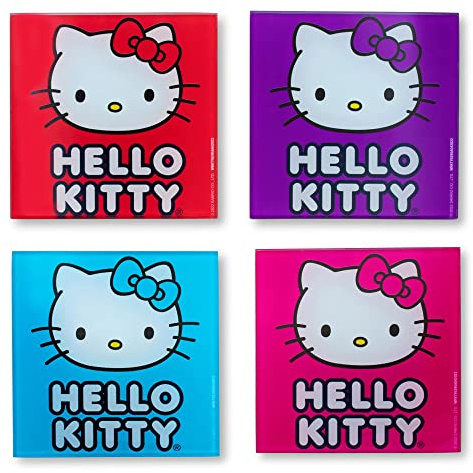 Sanrio Hello Kitty Colors Glass Coasters for Drinks, Set of 4 | Tabletop Protection for Home Kitchen, Dining Room Table