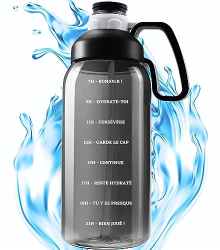 AQUAFIOLE Gourde Graduée Pour 1 Journee En Français - Gourde 2l Motivation - Bouteille Eau Tritan sans BPA - Flask Sport 2l avec Paille - Gourdes de Camping et Randonnée - Bouteille 2l