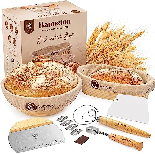Sourdough Kit with Professional Bread Making Tools - Complete Sourdough Bread Making Kit with 10 Round & 11 Oval Handcrafted Bannetons, Bread Lame, Danish Whisk, Bowl & Dough Scrapers (14-Piece Kit)
