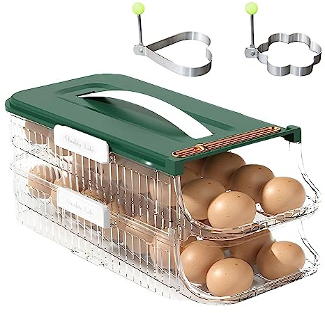 Eierbehälter für Kühlschrank, 2 Stöckiger Kühlschrank Organizer Eier mit Griff, Stackable Klare Eier Aufbewahrung Kühlschrank, Anti-slip Floor Eier Aufbewahrungsbox Eieraufbewahrung (Grün)