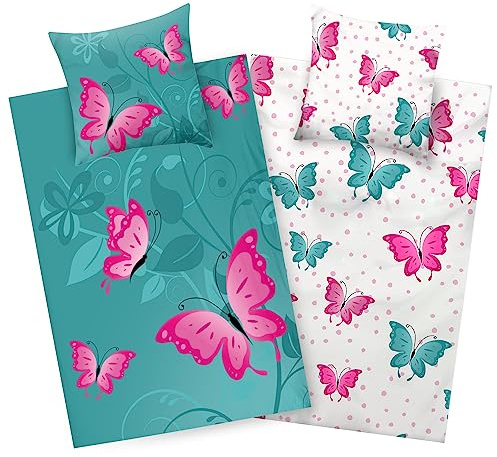 Aminata kids Bettwäsche 135x200 Schmetterling Kinder Mädchen 100% Baumwolle Schmetterlinge türkis | YKK Reißverschluss | Kinder-Wende-Bettwäsche-Set Tier-Motiv