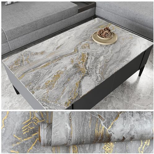 VEELIKE Carta Adesiva Marmo Grigio Oro Vintage Carta da Parati Effetto Marmo Grigia Pellicola Autoadesiva per Cucina Impermeabile Pellicola Adesiva per Mobili Rivestimento Parete Bagno 40cm×300cm
