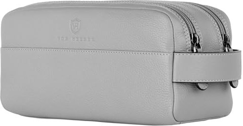 VON HEESEN Kulturbeutel Leder Kulturtasche für Herren & Damen - Echtleder Necessaire ideal zum Reisen - Waschtasche und Kosmetiktasche mit Zwei Hauptfächern grau, groß