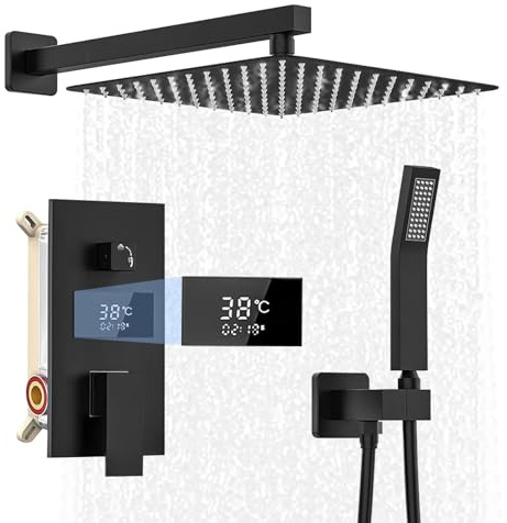 Duschsystem, svart, infällt duschblandare, set inkl. 30 x 30 cm, huvuddusch, duschsystem med temperatur LCD-display, regndusch, svart, 200 mm handdusch, mässingskropp, 1,5 m duschslang, 37 cm hög