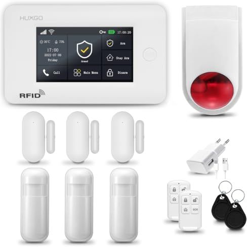 HUXGO® HXA006 Alarmanlage Haus WiFi + GSM mit Funk Sirene | Alarmanlage Wohnung mit App. TUYA | Alarm System mit 3X Bewegungsmelder, 3X Tür- Fenstersensor| Wohnmobil Alarmanlage
