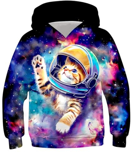 Fanient Huvtröja Pojkar Tröja Flickor Tryck Pullover Barn Street Style Hoodie Sweatshirt för barn 6–16 år, Galax katt, 14-16 år