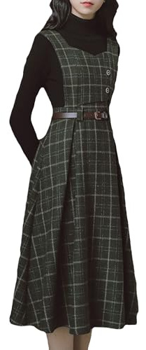 Cuteighteen Robe sans Manches à Carreaux avec Ceinture pour Femmes, Automne, Hiver, Laine, élégante, Combishort midi, Jupe, Vert, XL