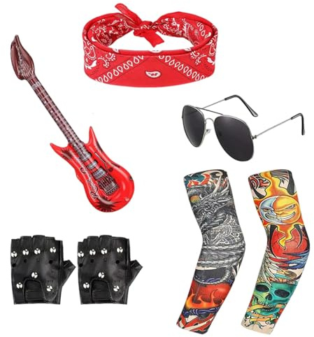 QXCFTW 7Pcs Rock Star Heavy Metal Set, Punk Accessories with Retro Sunglasses Gloves Inflatable Guitar, Punk Gothic Rocker Costume Set, Kids Rock Star Costume for Women Men Halloween 80s Disco Party