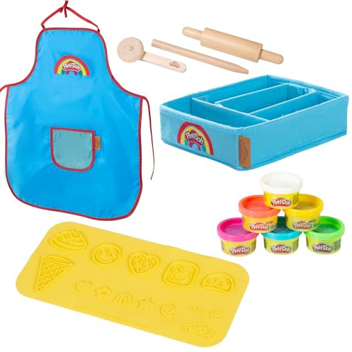 roba x Play-Doh Nachhaltiges Spielset - Spielfertig verpackt in Canvasbox, 3D-Kreativmatte, 6 Knetdosen, Schürze & Holzwerkzeuge - Kreatives Geschenk für Kinder ab 3 Jahren