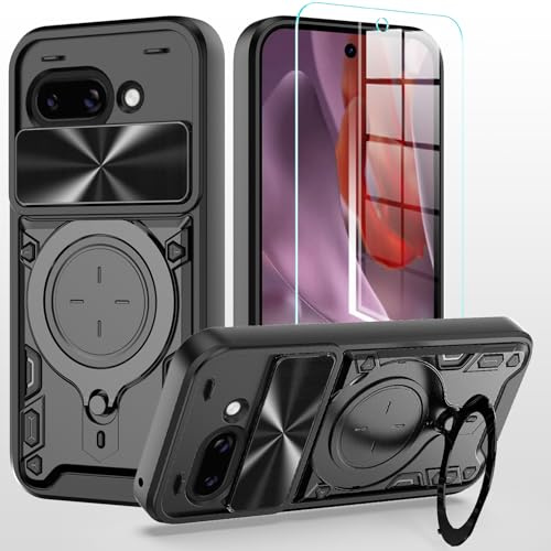 XRCS for Google Pixel 9A 6.3 Case,with Camera Lens Cover Slider 1Pack Screen Protectors Magnetic Kickstand Protective Case Heavy Duty Rugged Cell Phone Protective Cover Black