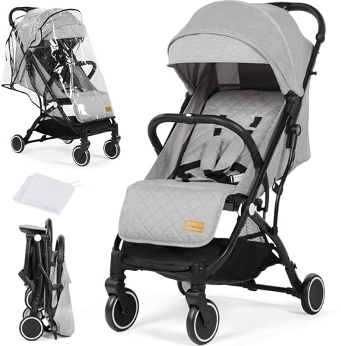 Hello-5ive Baby Pushchair Stroller, One-Hand Foldable Compact Baby Pram with Raincover and Mosquito Net, Travel Buggy with 5-Point Harness for Toddlers from Birth to 15kg (Light Grey)