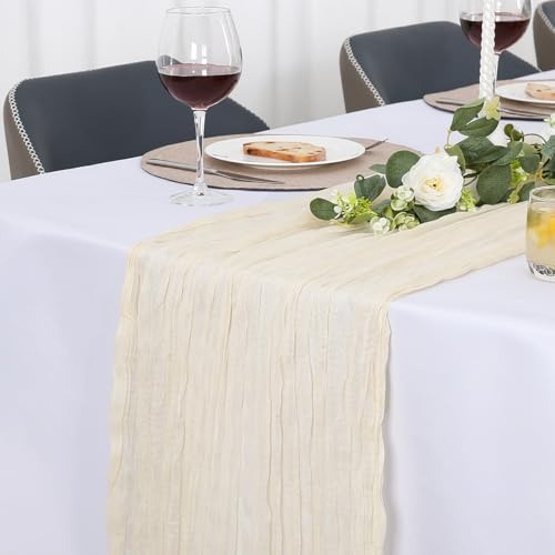 Jumdast käsetuch Tischläufer Boho, Tischläufer Modern Abwaschbar Hochzeit Outdoor Garten Wetterfest Musselin Chiffon Stoff Hochzeitsdeko Taufe Deko Tischdeko (Elfenbeinweiß, 90 x 300 cm)