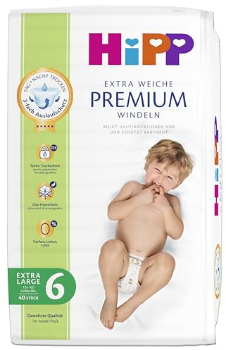 HiPP Extra mjuka premiumblöjor storlek 6 (extra stor, 13 kg), 80 stycken (2 förpackningar med 40), med 3-vägs läckageskydd och Duo hudskydd