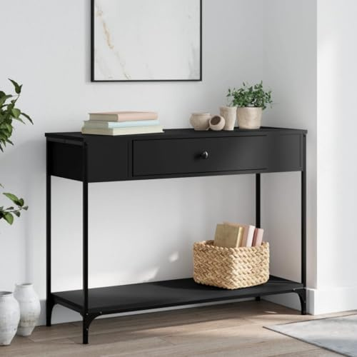 Makastle Table Console Style Industriel Table d'Appoint avec tiroir et étagère, Table d'entrée, Table d'exposition, pour Salon Entrée Couloir, Cadre en Métal, Noir 100x34,5x75 cm