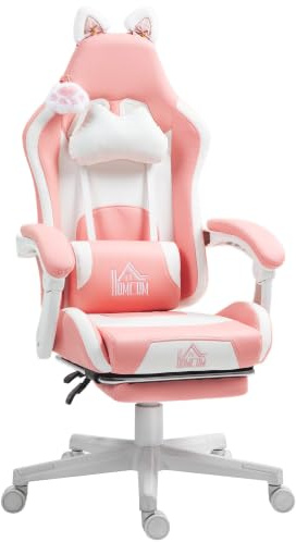 HOMCOM Gaming-Stuhl Ergonomischer Gamer-Stuhl mit Fußstütze Rosa | Lendenwirbelstütze, Gaming-Sessel mit Katzenohren, Kopfkissen, Höhenverstellbar, Bürostuhl mit Liegefunktion, Kunstleder
