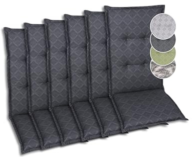 GO-DE Textil Bequeme und attraktive Polsterauflagen für Hochlehner-Gartenstühle (6er-Set, Rautenlinien anthrazit, Hochlehner)