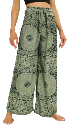 Nuofengkudu Women Boho Wide Leg Trousers Smocked High Waisted Belted Summer Flowy Hippie Patterned Rayon Lightweight Petite Ladies Palazzo Lounge Pants Casual Holiday Beach Party One Size Green D
