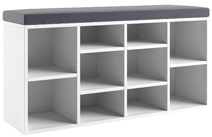 Kondela Schuhbank Weiß mit Sitzfläche – Schuhschrank mit Regalen & Polsterung, 104x30x53,4 cm – Sitzbank mit Stauraum für Flur, Praktische Schuhaufbewahrung, Schuhregal | Lushka Weiss/Grau