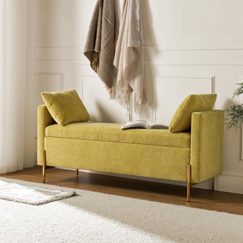 HULALA HOME Modern Storage Bench Ottoman with Arms & Metal Legs, Chenille Fabric and Upholstered Cushioned Adjustable Subdivided Box for Entryway Bedroom Living Room, MUSTARD