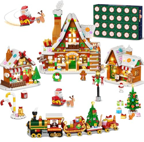 INSOON Advent Calendar 2025 Gingerbread House Mini Building Set with Light, 24 Days Countdown Christmas Village Building Blocks with Xmas Tree Train, Vacation Gift for Adults Kids Girls Boys Ages 12+