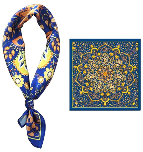 GIMIRO Silke imitation scarf 53 x 53 cm för män, fyrkantiga halsdukar, eleganta, vintage, blommig, våg prick rand, Blå orange gula blommor Jy, 53x53