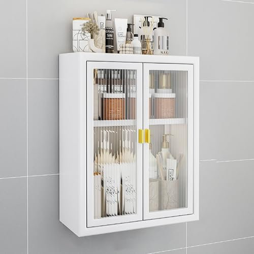 Medizinschrank aus Metall, zur Wandmontage, mit Glastüren, Hängeschrank für Badezimmer, Küche, Waschküche, Schlafsäle, 50 x 14 x 50 cm, Weiß