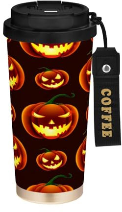 JUMBEAR Taza de viaje aislada al vacío de calabaza de Halloween, tazas de viaje reutilizables para café, taza de café de acero inoxidable de doble pared a prueba de fugas con tapa para bebidas frías y