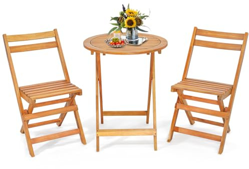 3-teiliges Bistro-Set aus Holz, zusammenklappbar, für den Außenbereich, Esszimmermöbel mit Lattenrost und Sitz, für Terrasse, Gesprächsset für Garten, Balkon, Deck, Pool