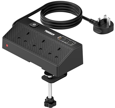 Desk Extension Lead with 4 USB Slots, TESSAN 3 Way Desktop Power Socket with PD 20W USB C Fast Charger, Power Strip with Removable Clamp, Plug Extension with 1.8M Cable for Office, Home Supplies