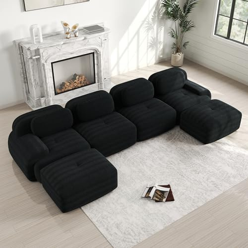 Modulares 4 Sitzer Sofa aus Cordstoff, Boneless Couch mit 2 Ottomane, Ohne Montage mit Rutschfester Unterseite, Compressed Sofa frei Kombinierbar für Wohnzimmer & Ruhezonen, Schwarz