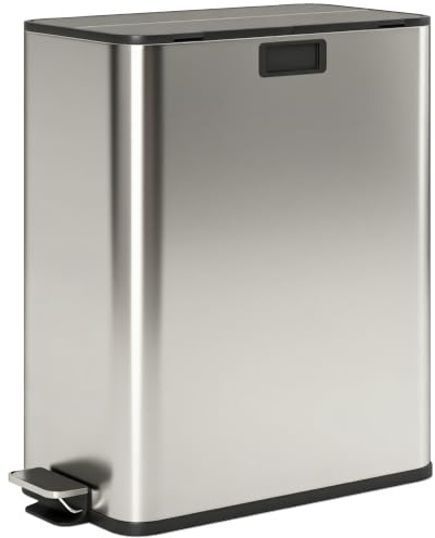 HOMCOM Dual Kitchen Bin Soft-Close Butterfly Lid Pedal Bin Silver Tone | 2 x 28L, Stainless Steel, Removable Inner Buckets, Fingerprint-Proof, for Recycling and Waste