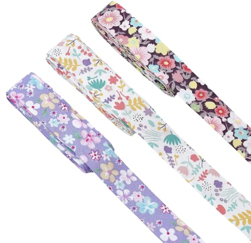 FINGERINSPIRE 7.5 m Langes Doppelt Gefaltetes Schrägband Mit Blumenmuster 20mm Breit 3 Farben Baumwollgurtband Zum Annähen Für DIY Bastelarbeiten Bekleidungsaccessoires Geschenkdekorationen