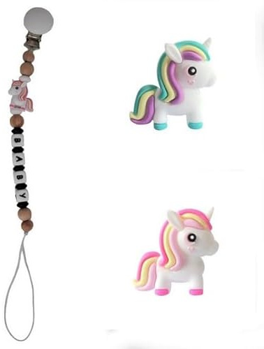 Baby Schnullerkette Clip, Schnullerkette 3D Tier Perle Schnullerband Mädchen und Jungs,Clips für Lätzchen Dreieckstuch Sauger/Kinderwagen/Babytrage/Autositz, Baby Geschenk (Einhorn)