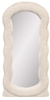 Baroni Home Specchio da Parete, Specchio con Cornice Ondulata Imbottita in Tessuto Bouclè, Specchio Decorativo Moderno Soggiorno, Camera da Letto, Corridoio 80x40 cm Beige