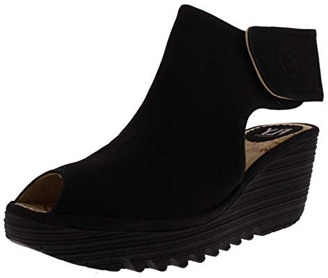 Fly London Womens Yone Leather Wedge Heel Peep Toe Cut Out Ankle Boots - Black - 5