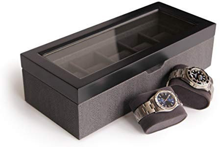CASE ELEGANCE Uhrenbox, zweifarbig, Fischgrätenmuster, Uhrenbox für Damen/Herren, Aufbewahrungsbox für 5 Uhren, Organizer mit Glasdeckel