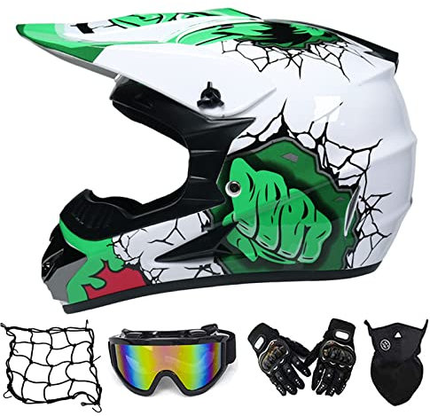 MRDEAR Motorrad Crosshelm Grün Motocross Helm Set mit Brille (4 Stück), Fullface MTB Helm Kinder Cross Helm Motorradhelm Fahrrad Enduro Downhill BMX Off Road ATV,S