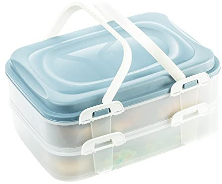 Kuchen transportbox, Cupcake, Muffin Party Container Kuchenbehälter Lebensmittel Transportbox XL mit 2 Etagen und klappbaren Griffen, Farbe: Blau