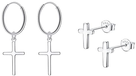 Bo Win 2 Paare 925 Sterling Silber Ohrringe Kreuz Creolen Silber Ohrstecker Kreuz Kreolen Durchmesser 14mm mit Kreuz Anhänger Ohrhänger Hängend Ohrringe Set Ohrringe für Damen Herren Mädchen
