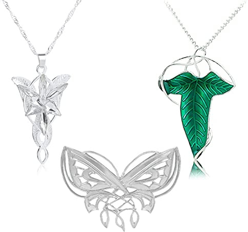 UoYu 3 Piezas Arwen Noche Collar de Estrella Colgante, Cadena con Hoja Verde, Elfos Broche de Alfiler, El Señor de los Anillos Broche de Mariposa