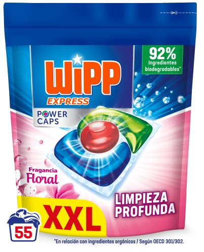Wipp Express Power Caps Detergente Floral en Cápsulas para Lavadora, 55 Dosis, Limpieza Profunda, Eficaz en Agua Fría