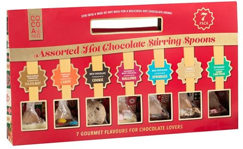 Cocoa Tree Hot Chocolate Stirrers 7 Gourmet Flavours Assorted with Spoon For Chocolate Lovers Xmas Gift