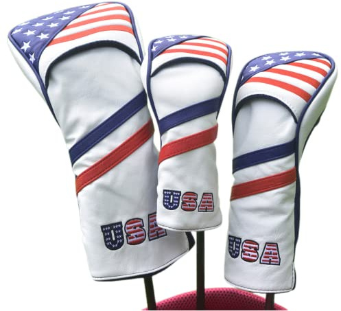 US Flag Golf Headcovers Set for Driver, Fairway Woods and Hybrids | 3pcs Golf Club Covers - Golf Driver Headcover, Fairway Wood Cover, Hybrid Cover fits for Taylormade, Ping, Adams All Brand