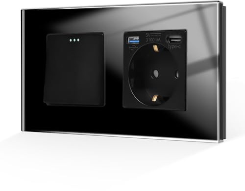 CNBINGO 1-Fach Wippschalter mit USB Schnellladen Steckdose, Glas Schwarz | Schuko Einzelsteckdose mit 20W USB C/A Schnellladen, Unterputz mit Kindersicherung, Einfach Kipplichtschalter, Glasscheibe