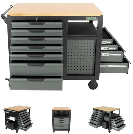 TRUTZHOLM Werkstattwagen Jumbo XXL 11 Schubladen abschließbar 4 Ablagefächer Lochwände an 3 Seiten, unbestückt Werkzeugwagen mit Rollenhalter + Abfalleimer, ca. 104 cm hoch x 113 cm breit Kücheninsel