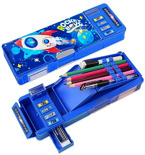 LilyBeauty Astuccio multifunzione pieghevole per bambine e bambini, grazioso organizer per penne, personaggi dei cartoni, (solo il rosa ha la serratura), temperamatite, orario, lavagna bianca,