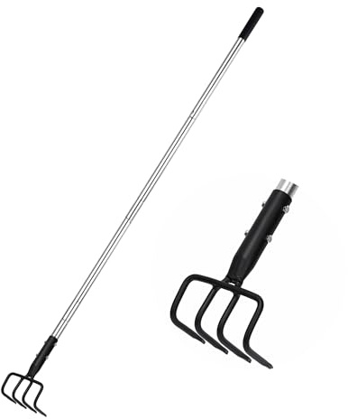 BARAYSTUS Long Hand Cultivator, Carbon Steel & Stainless Steel Tiller Cultivator, Garden Cultivator with Telescopic Handle and Soft Handle Cover, Hand Tiller for Digging Loosening Weeding