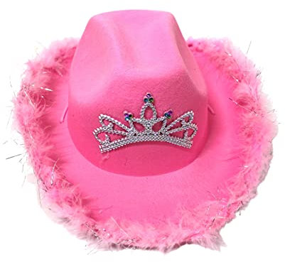 Fellflying Rosa Damen Cowboyhut | Glänzende Krone Mit Pailletten, Flauschiger Retro-Cowgirl-Hut | Cowgirl-Hut Aus Vliesstoff, Zum Anziehen, Rollenspiel, Cosplay, Partyzubehör