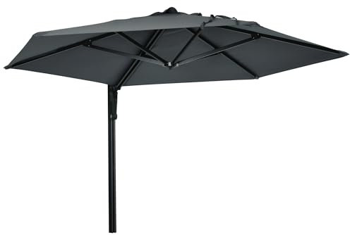 Outsunny 2.5m Wall Mounted Parasol, Hand to Push Outdoor Patio Umbrella with 180 Degree Rotatable Canopy for Porch, Deck, Garden, 250 cm, Dark Grey