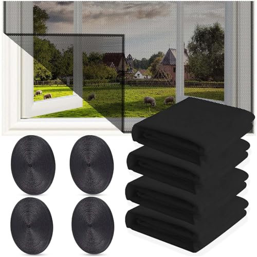 4 Pièces Moustiquaire Fenetre,150x130cm Moustiquaire Pour Fenêtre Avec 4 Rouleaux De Bandes Autocollantes, Filet Écran Insecte,Moustiquaires Pour Fenêtre,Sans Perçage Facile à Installer. Noir